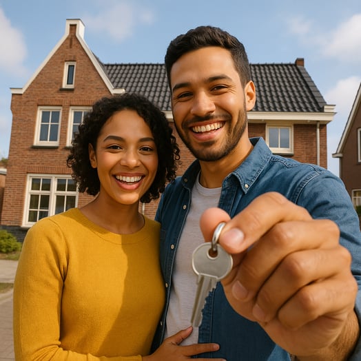 Bright inviting photo of a young couplefamily holding keys in front of a DSMstyle home Bright inviting photo of a young couplefamily holding keys in front of a DSMstyle home
